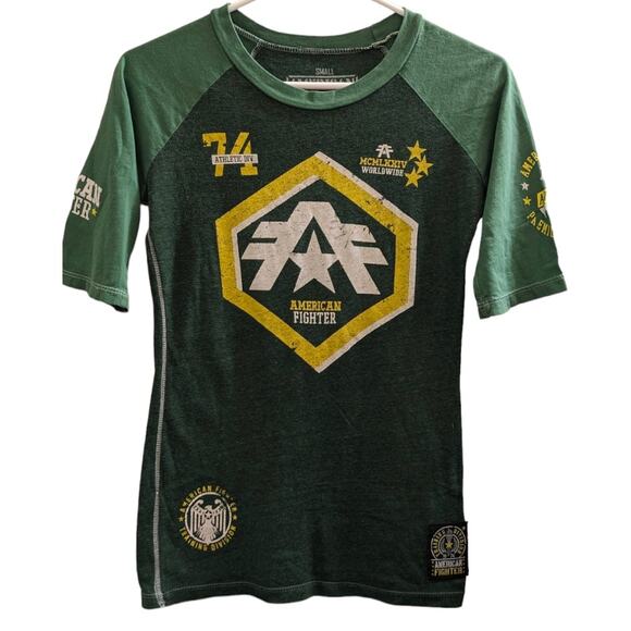 Vintage Women's AMERICAN FIGHTER by Affliction T-shirt Green Eagle Patches S - Picture 3 of 6